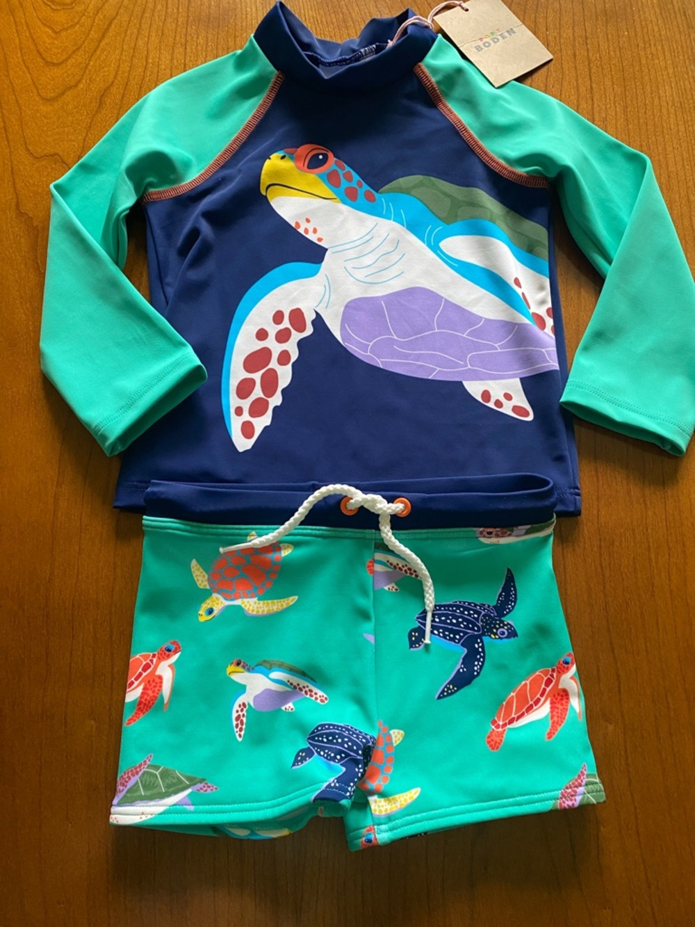 Boden Kids Rashguard Swim Set - Navy & Teal with Turtle Print